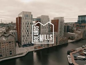 Aerial view of Google's Boland's Mill development at Grand Canal Dock, Dublin.