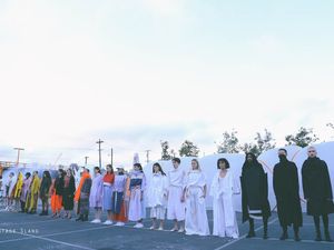 Models lined up at sunset for the California College of the Arts 2017 Fashion Experience.